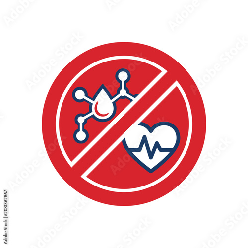 Red prohibition sign with cholesterol molecule and heart icon