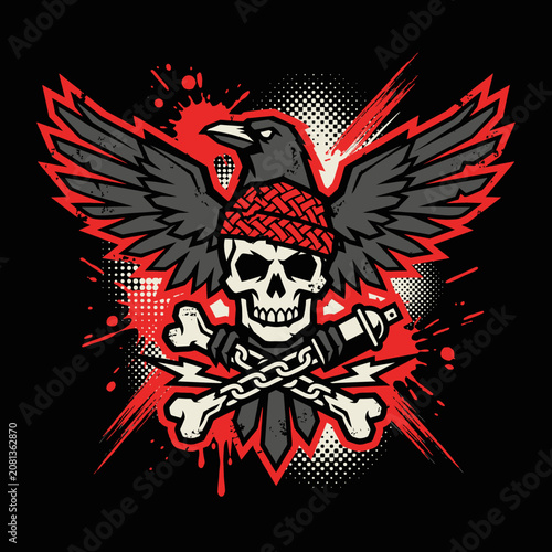 Grungy skull with crow wings and crossed bones illustration