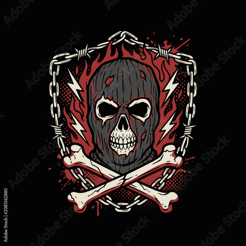 A menacing skull in a balaclava with flames and crossed bones