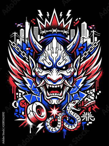 Vibrant graphic illustration of a horned mask with urban details