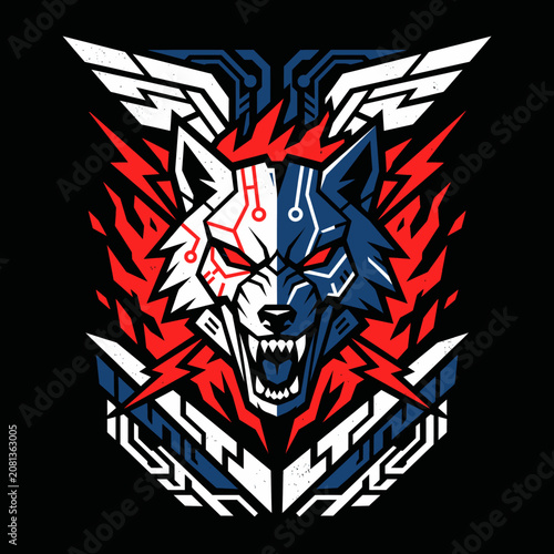 Aggressive digital wolf head with bared teeth and circuit patterns
