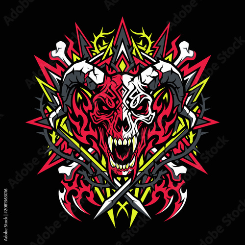 A fierce horned skull illustration with sharp, thorny patterns