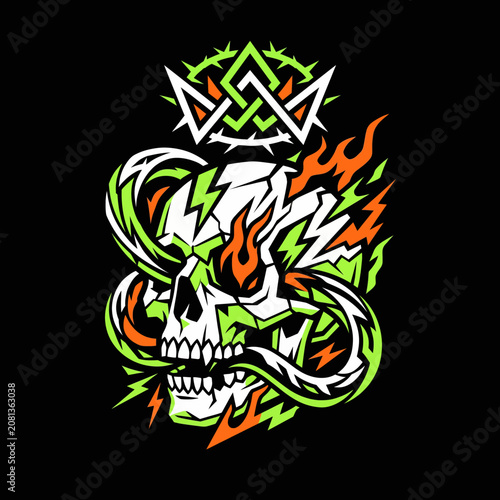 Stylized skull with fiery elements and a decorative crown