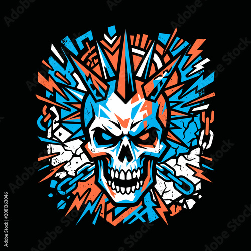 Vibrant skull design featuring sharp spikes and electric energy