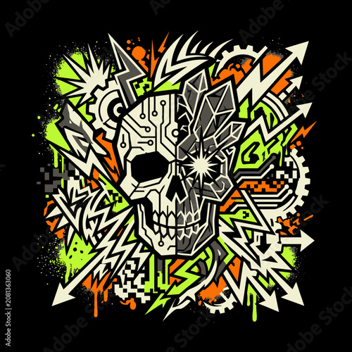 Abstract skull illustration with circuit board and crystal elements
