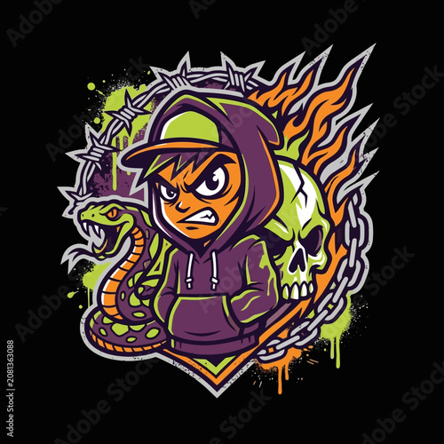 An angry young man with a snake and skull illustration