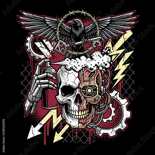 Cybernetic skull with spray paint and crow illustration