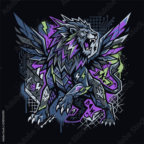 Geometric winged lion illustration with circuit board and lightning details