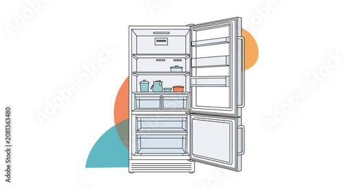 Modern white refrigerator stands wide open showing neatly arranged containers and fresh produce on multiple shelves against abstract shapes.