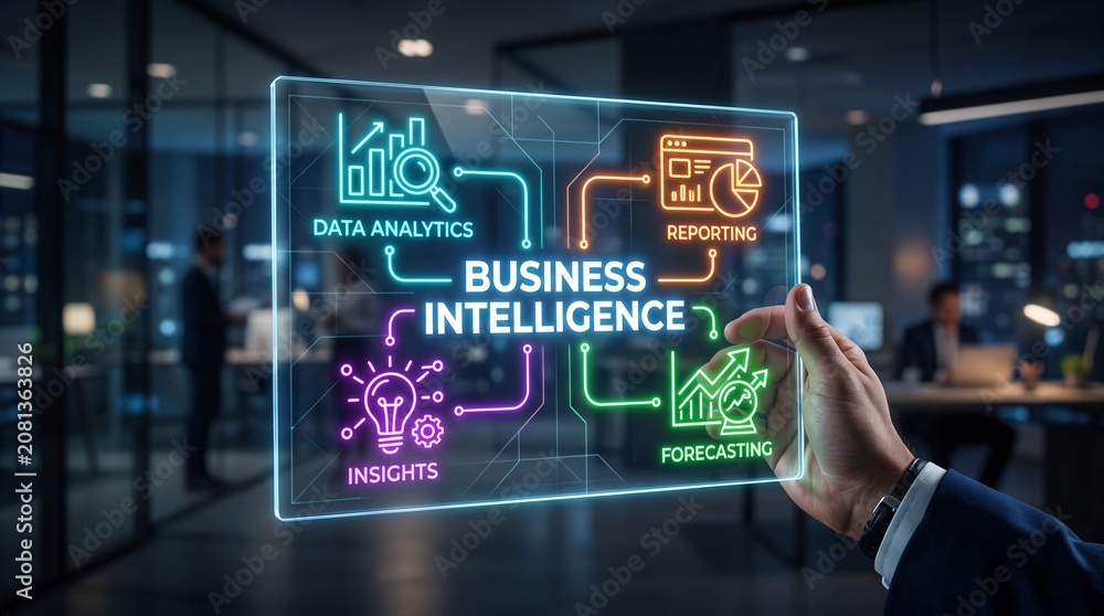 Fototapeta premium Business intelligence data strategy hologram interface held by manager