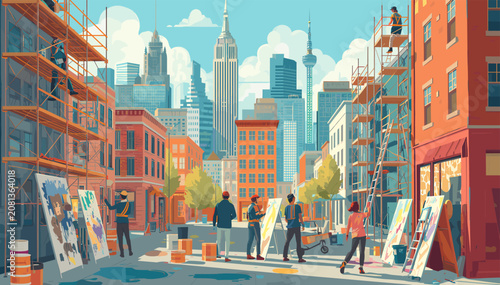 Konstfotografi Artists painting on canvases in a vibrant city street with ongoing construction and a skyline view