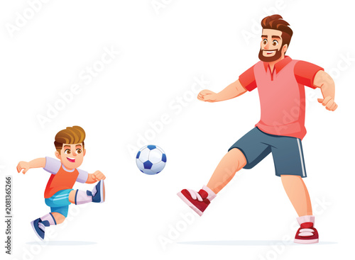 Happy dad playing soccer and kicking ball with his young son. Vector cartoon illustration