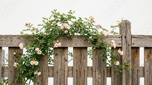 Wooden Fence with Natural Vine Branch on White Background
