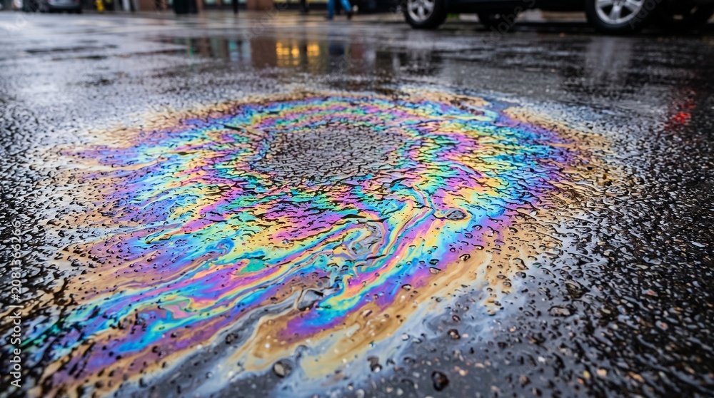 Obraz premium Colorful oil slick on wet asphalt street reflecting rainbow colors