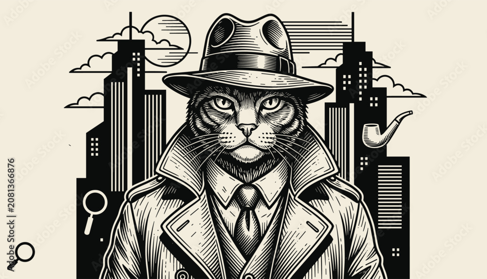 Obraz premium Vintage detailed engraving of mysterious detective cat wearing hat and trench coat in front of dark city skyline with pipe.