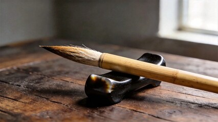 Handmade Weasel Hair Brush With Ox Horn Rest On Elm Desk
