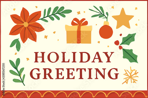 Foto A festive holiday greeting card illustration featuring a poinsettia, gift, star, bauble, holly, and snowflake on a cream background with a red border