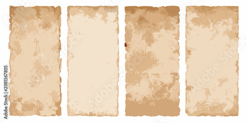 Tableau sur toile four vertical sheets of heavily aged crumpled parchment on white background pape