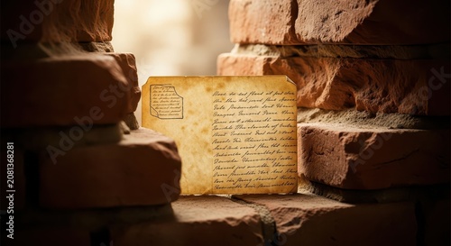 Aged Handwritten Letter with Creased Edges Resting on Rustic Brick Wall