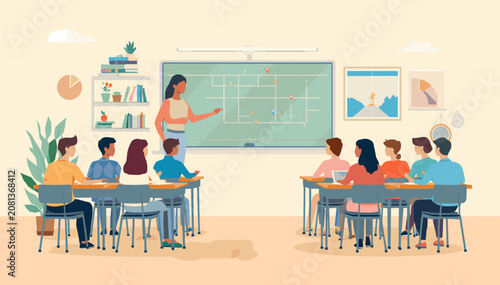 Photos A diverse group of students attentively listens to their teacher in a brightly lit classroom, engaged in a lesson presented on a large interactive whiteboard