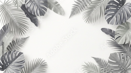 Minimal Gray Tropical Leaves Frame on White Background with Elegant Botanical Border and Copy Space