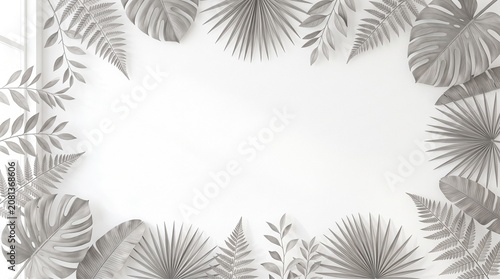 Minimal Gray Tropical Leaves Frame on White Background with Elegant Botanical Border and Copy Space