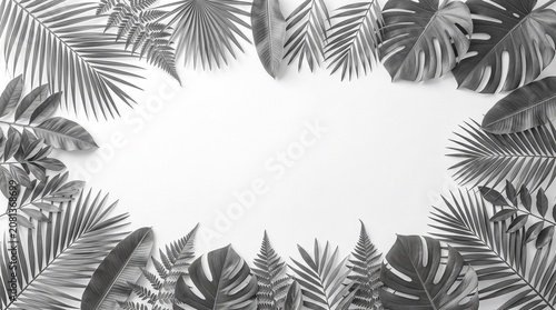 Minimal Gray Tropical Leaves Frame on White Background with Elegant Botanical Border and Copy Space