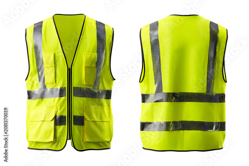 Fluorescent green high safety vest front, back isolated on cutout PNG or transparent. Featuring reflective strips for enhanced visibility protective workwear is construction, engineering.