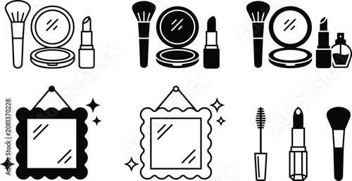 Fotografie Makeup Vector Icon Set Featuring Compact Powder Mirror Lipstick Brush Mascara Wa