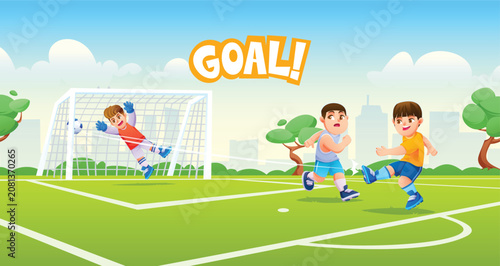 Canvas Print Two boys compete for the soccer ball near the goal net scoring a point text