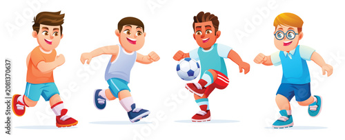 Set of cute boys running and juggling a soccer ball on white background. Vector cartoon illustration