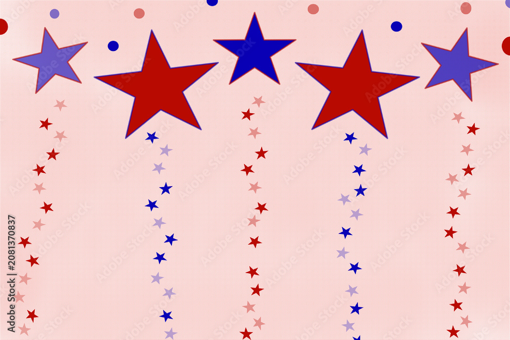 Obraz premium Patriotic red and blue stars fall across a checkered background in a festive graphic style for American holiday celebrations.