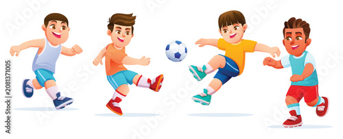 Four boys playing and kicking a soccer ball together on white background. Vector cartoon illustration