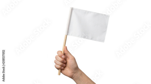 A hand holding a small blank white flag on a wooden stick for a protest or signal isolated on a transparent background isolated on transparent background