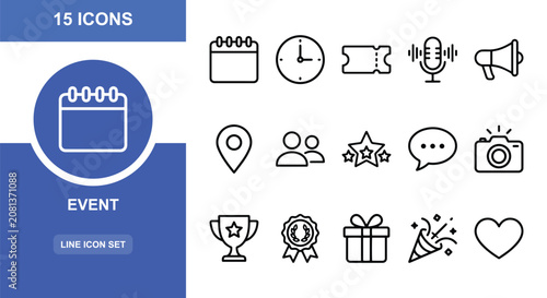 Schilderij op canvas 15 Event linear icon set calendar clock ticket microphone megaphone location peo