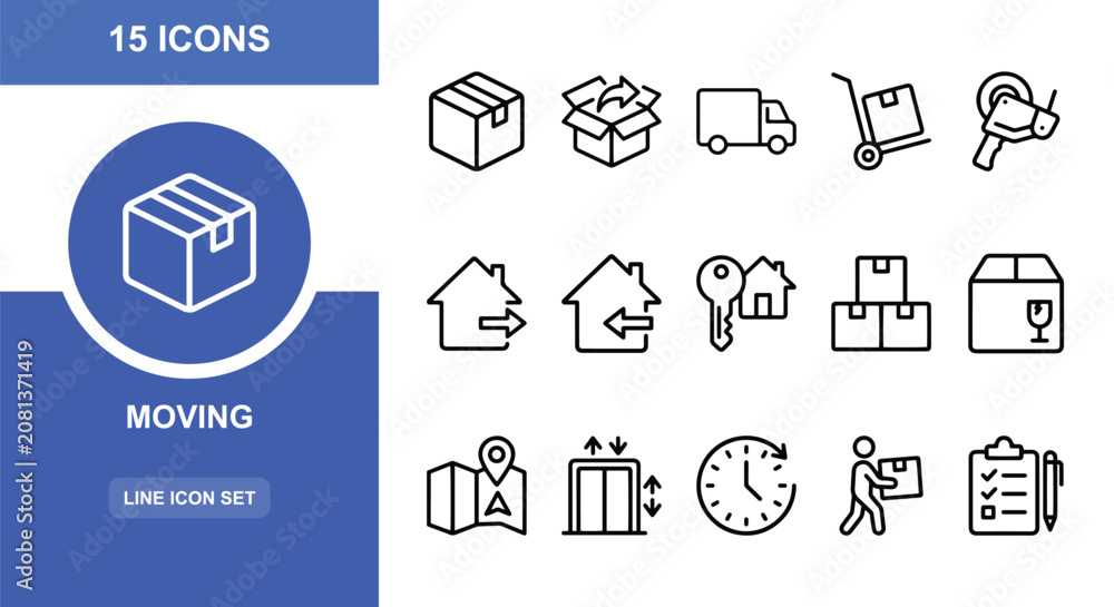 Fototapeta premium 15 Moving linear icon set boxes, truck, house, clock, delivery, UI and web interface design
