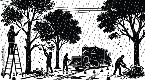 Photos Workers installing streetlights in rainy park