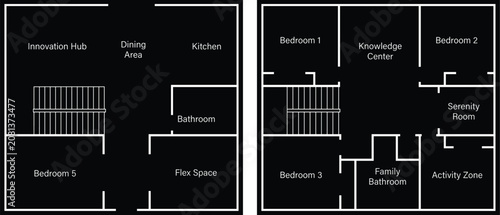Two story modern house floor plan blueprint showing contemporary home layout with creative rooms
