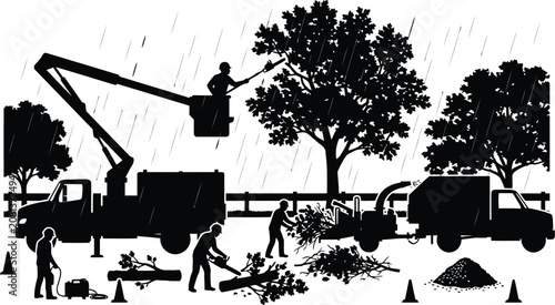 Foto Tree trimming crew working with crane and trucks