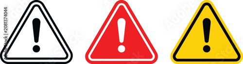 Tableau sur toile Set of vector illustrations features three isolated attention signs displaying a flat hazard exclamation mark symbol in red, yellow, and black outline to signify caution and danger