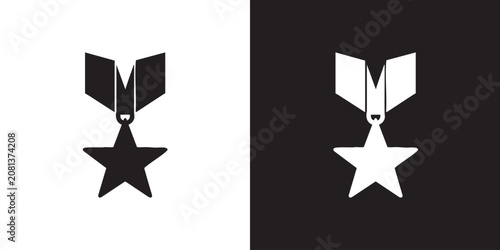 Black and white Medal Silhouette Icon - Modern Military Award Victory Graphic, Simple Champion Trophy Success Achievement Emblem, and First Place Honor Sports Vector