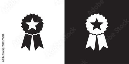 Black and white Star Award Ribbon Icon - Modern Premium Quality Guarantee Badge Graphic, Simple First Place Champion Success Achievement Emblem, and Best Choice Reward Vector