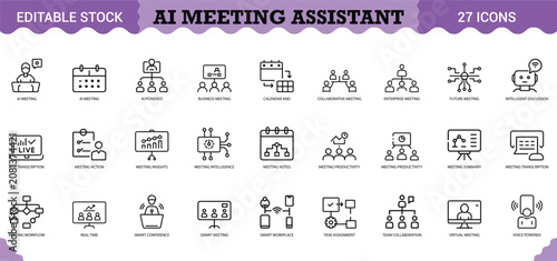 Cuadro en lienzo PrintAI Meeting Assistant Icon Set - 27 Editable Vector Icons for Virtual Collaboration & Productivity