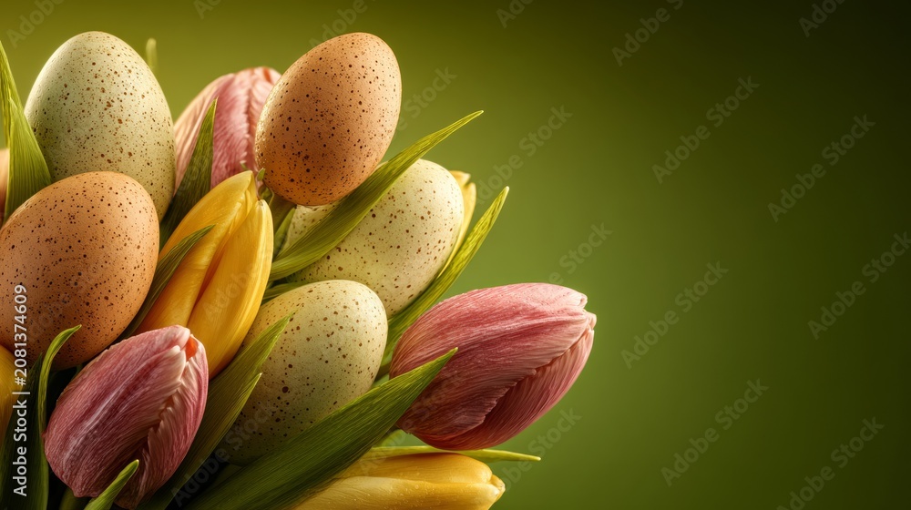 Fototapeta premium Bright colored eggs and flowers are arranged together to celebrate Easter in a spring setting