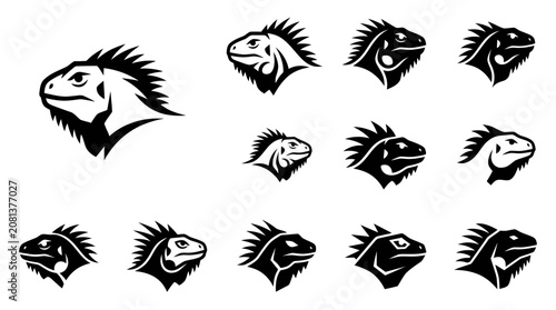 Iguana head silhouette grid icon collection.