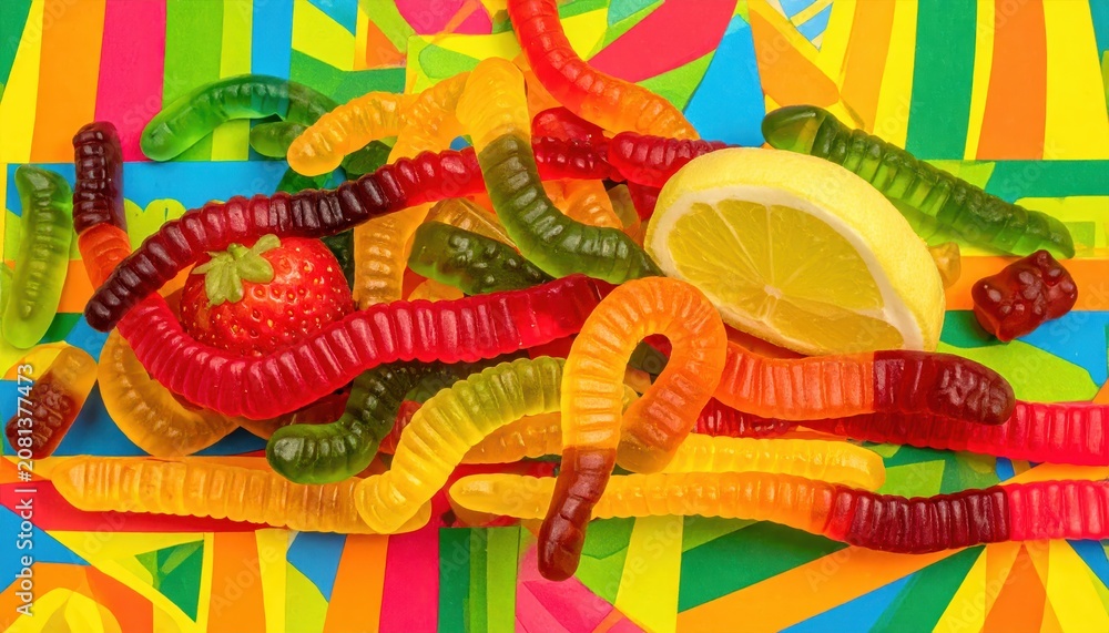 Obraz premium Assorted Fruit Flavored Gummy Worms in a Playful Heap