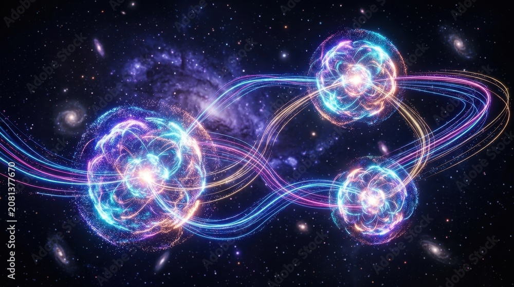 Fototapeta premium Cosmic Energy Orbs Interconnected by Light Trails in Deep Space Galaxy Background