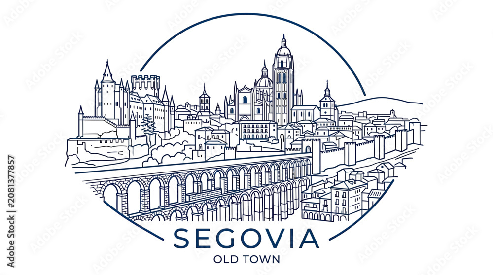 Fototapeta premium Segovia Old Town Skyline with Aqueduct Line Drawing