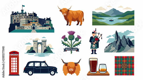 Scotland Travel Icons: Castle, Highland Cow, Bagpiper, Thistle, Phone Booth