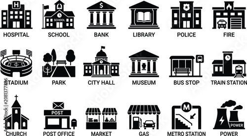 City infrastructure and public buildings black glyph icon set featuring hospital school bank and municipal services